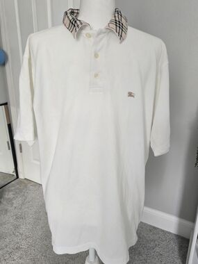 Authentic Burberry London Polo Shirt - Cream with Nova Check Collar - Size L
